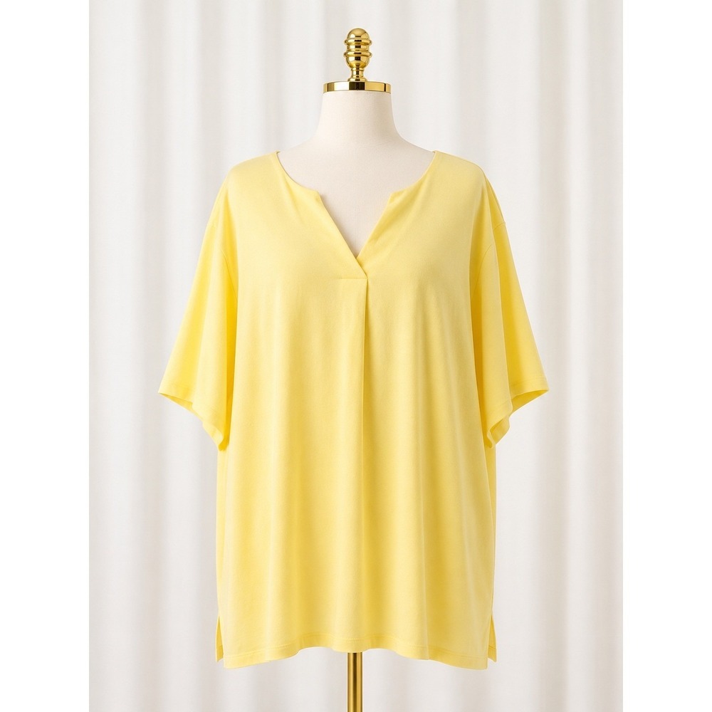 Denim & Co. Perfect Jersey Pleated Split V-Neck Short Sleeve Tunic 3X Yellow